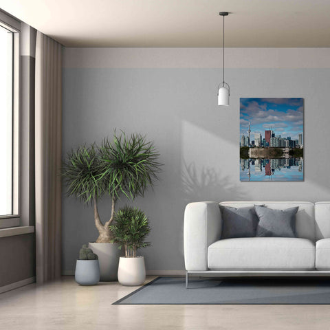 Image of 'Toronto Skyline From The Pape Ave Bridge Reflection No 1' by Brian Carson, Giclee Canvas Wall Art,26 x 34