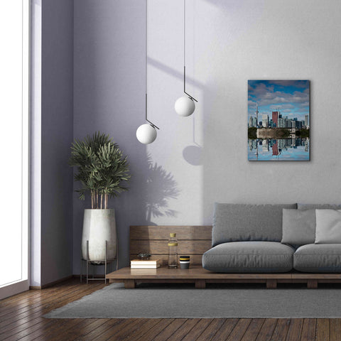 Image of 'Toronto Skyline From The Pape Ave Bridge Reflection No 1' by Brian Carson, Giclee Canvas Wall Art,26 x 34