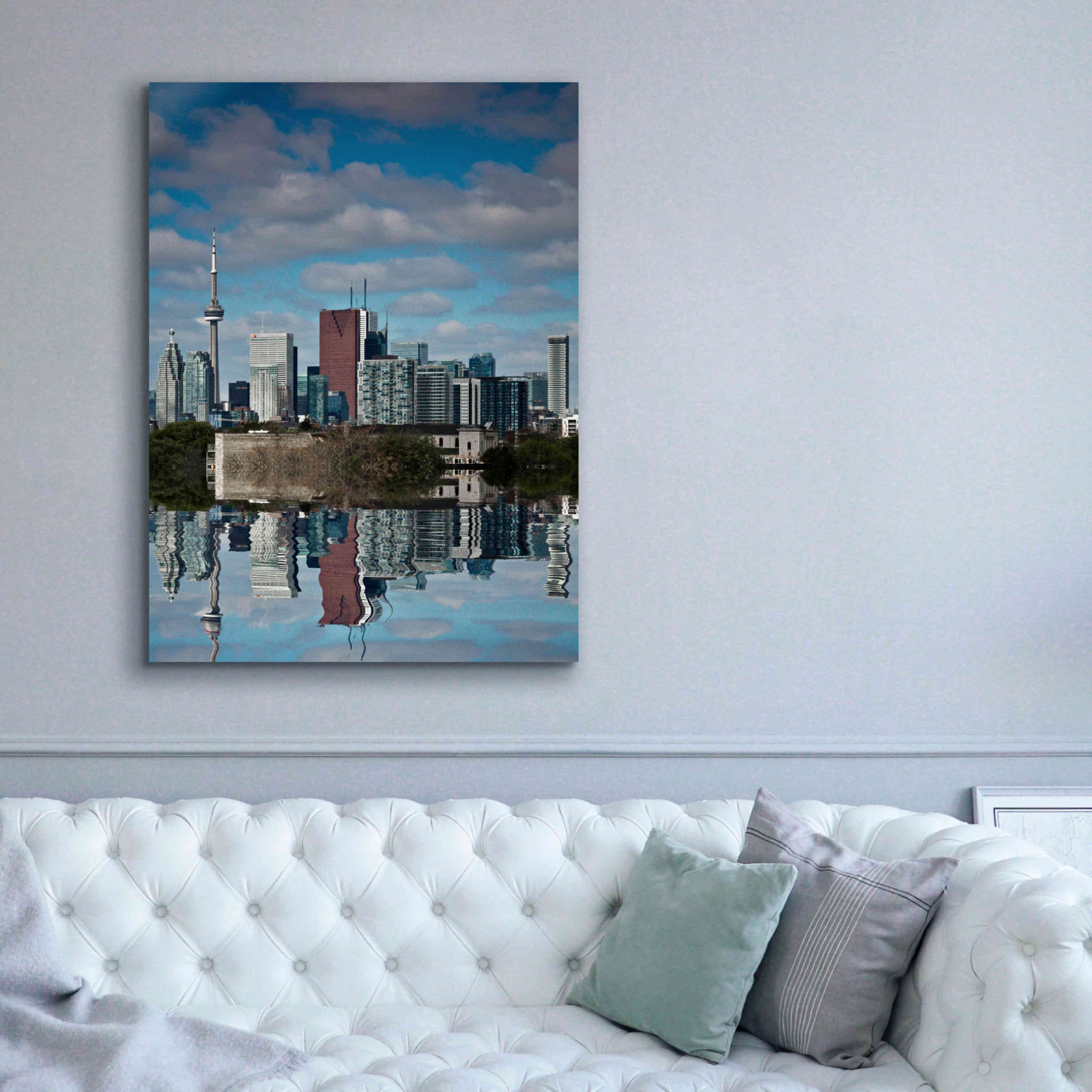 'Toronto Skyline From The Pape Ave Bridge Reflection No 1' by Brian Carson, Giclee Canvas Wall Art,40 x 54