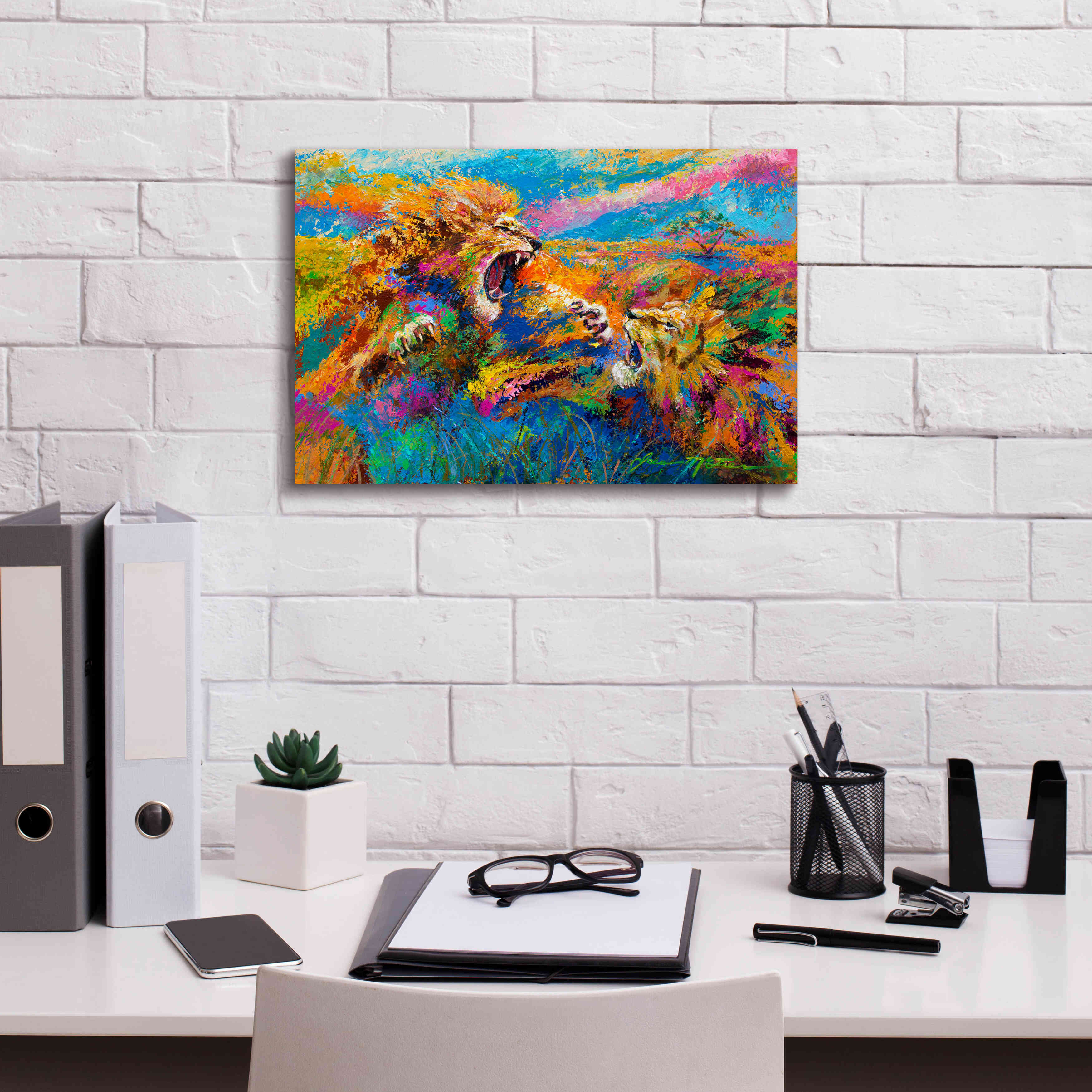 'Pride Fight in the Savanna African Lions' by Jace D McTier, Giclee Canvas Wall Art,18 x 12