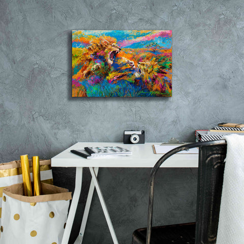 Image of 'Pride Fight in the Savanna African Lions' by Jace D McTier, Giclee Canvas Wall Art,18 x 12