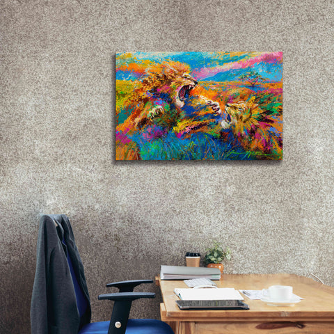 Image of 'Pride Fight in the Savanna African Lions' by Jace D McTier, Giclee Canvas Wall Art,40 x 26