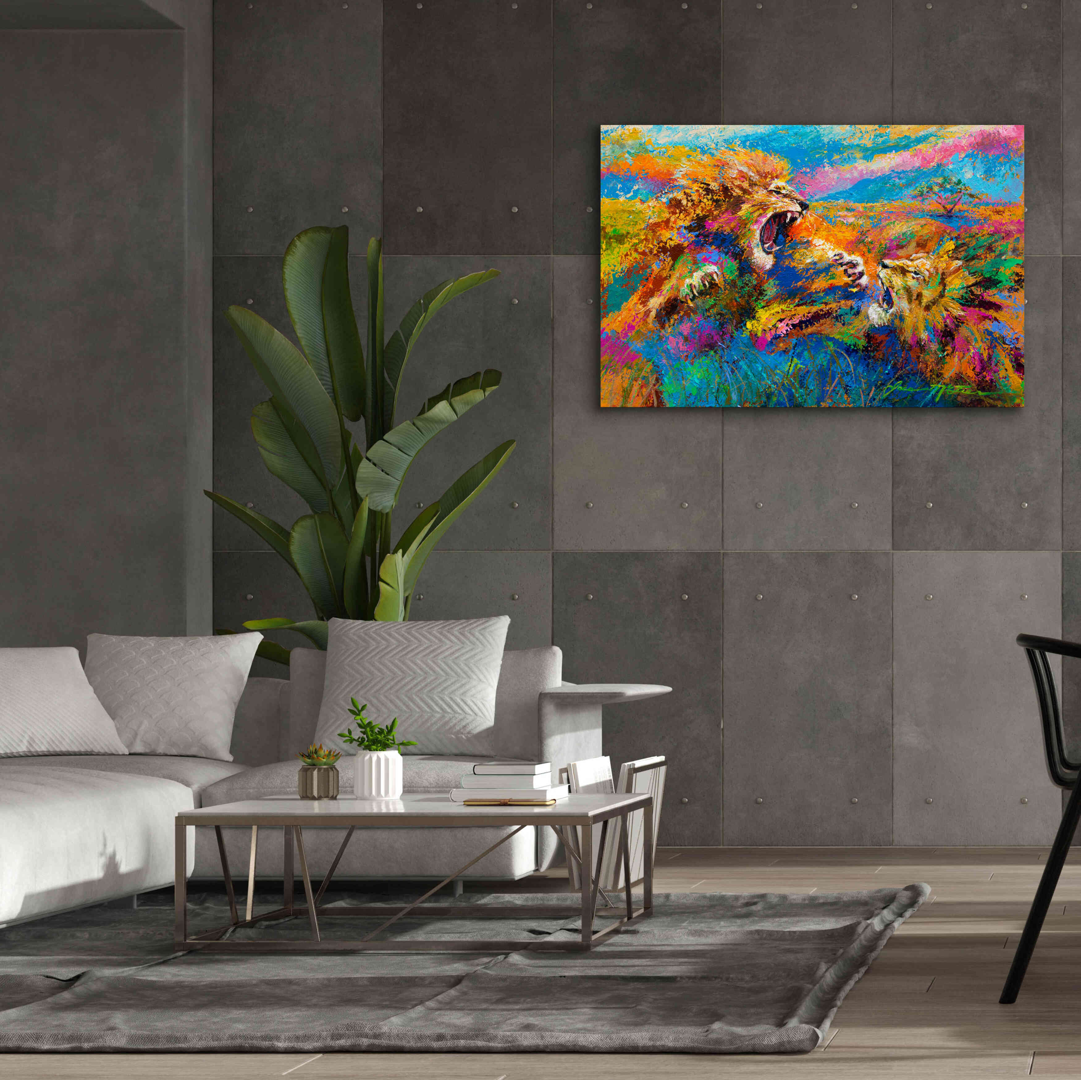 'Pride Fight in the Savanna African Lions' by Jace D McTier, Giclee Canvas Wall Art,60 x 40