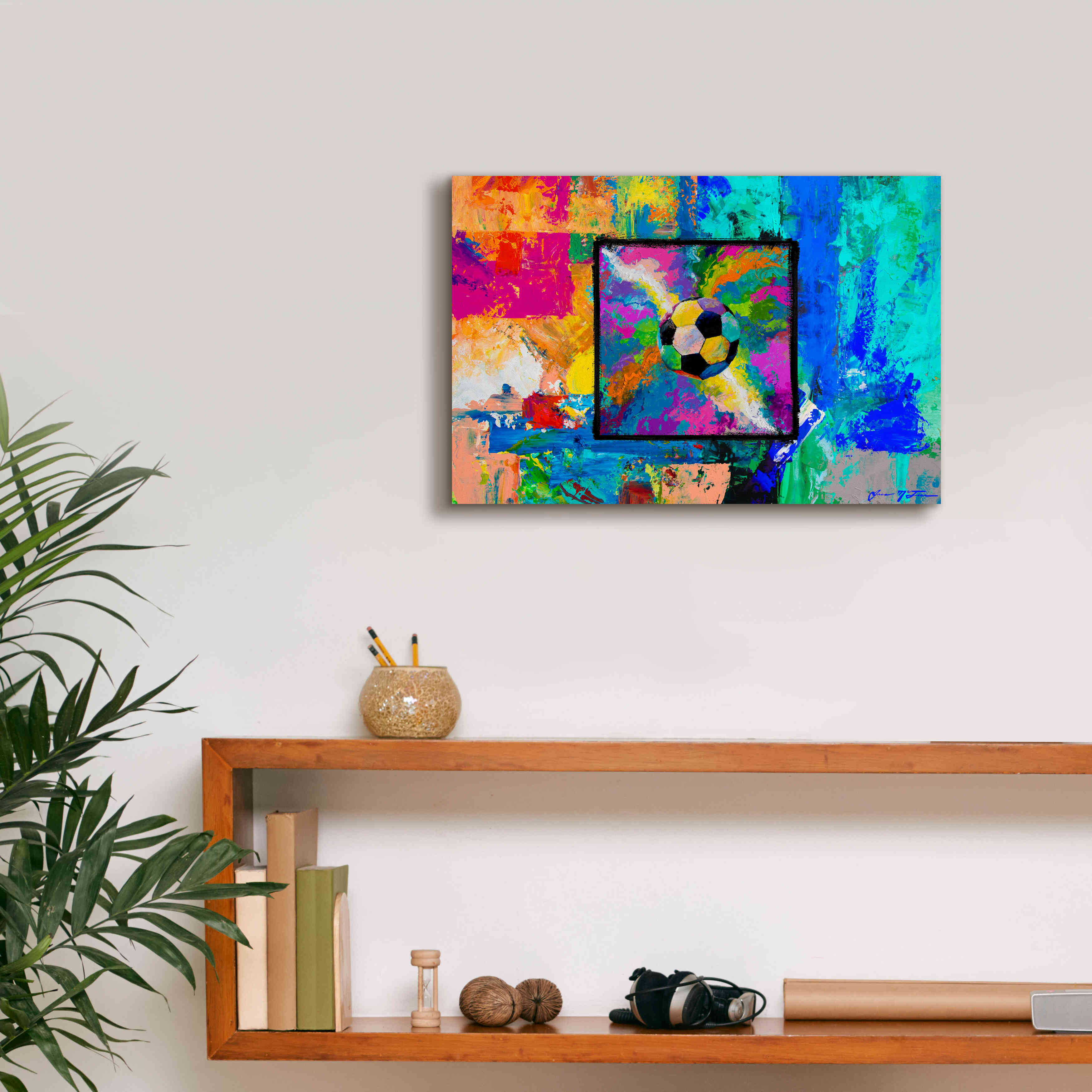 'Window into the Soccer Universe Pink and Cyan' by Jace D McTier, Giclee Canvas Wall Art,18 x 12