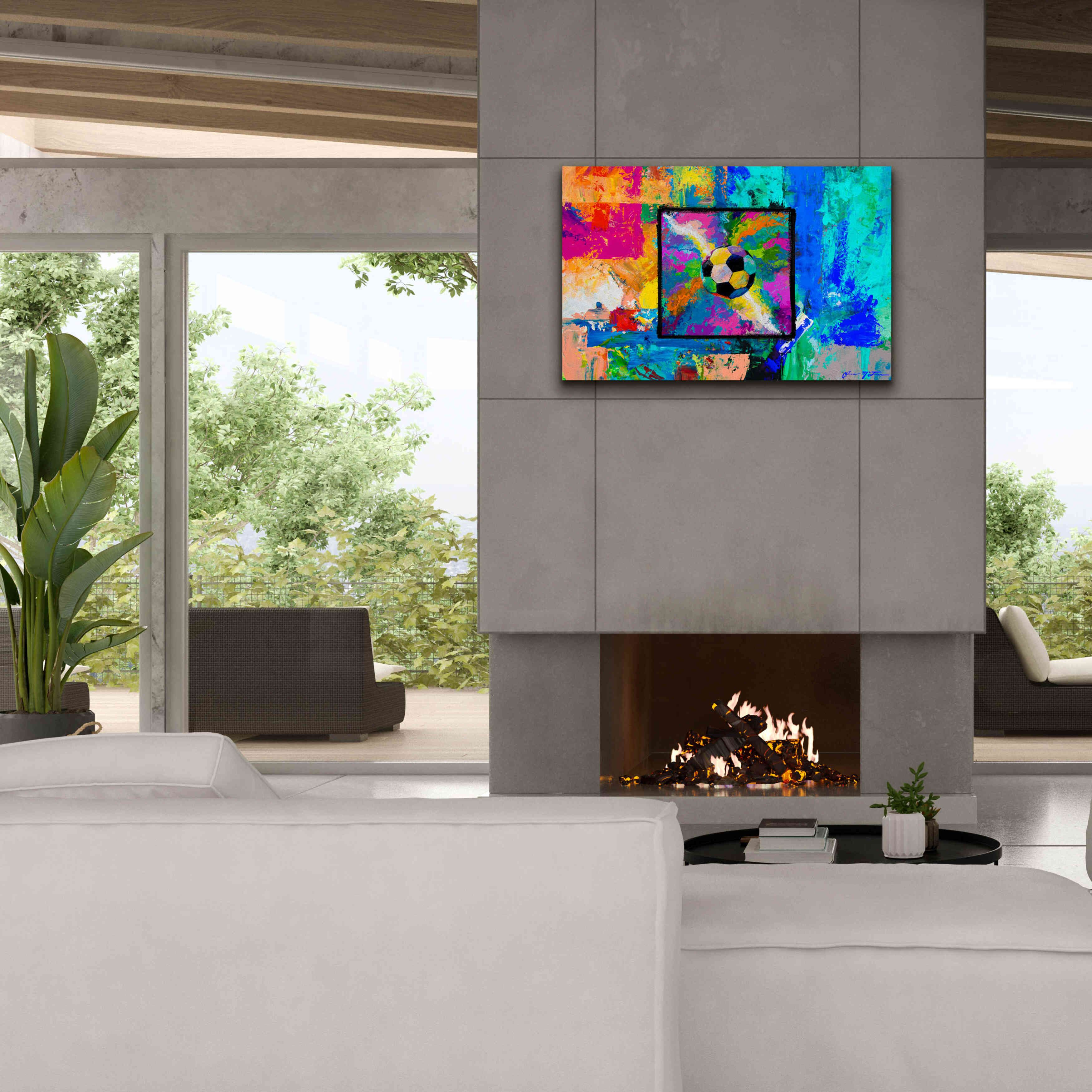 'Window into the Soccer Universe Pink and Cyan' by Jace D McTier, Giclee Canvas Wall Art,40 x 26