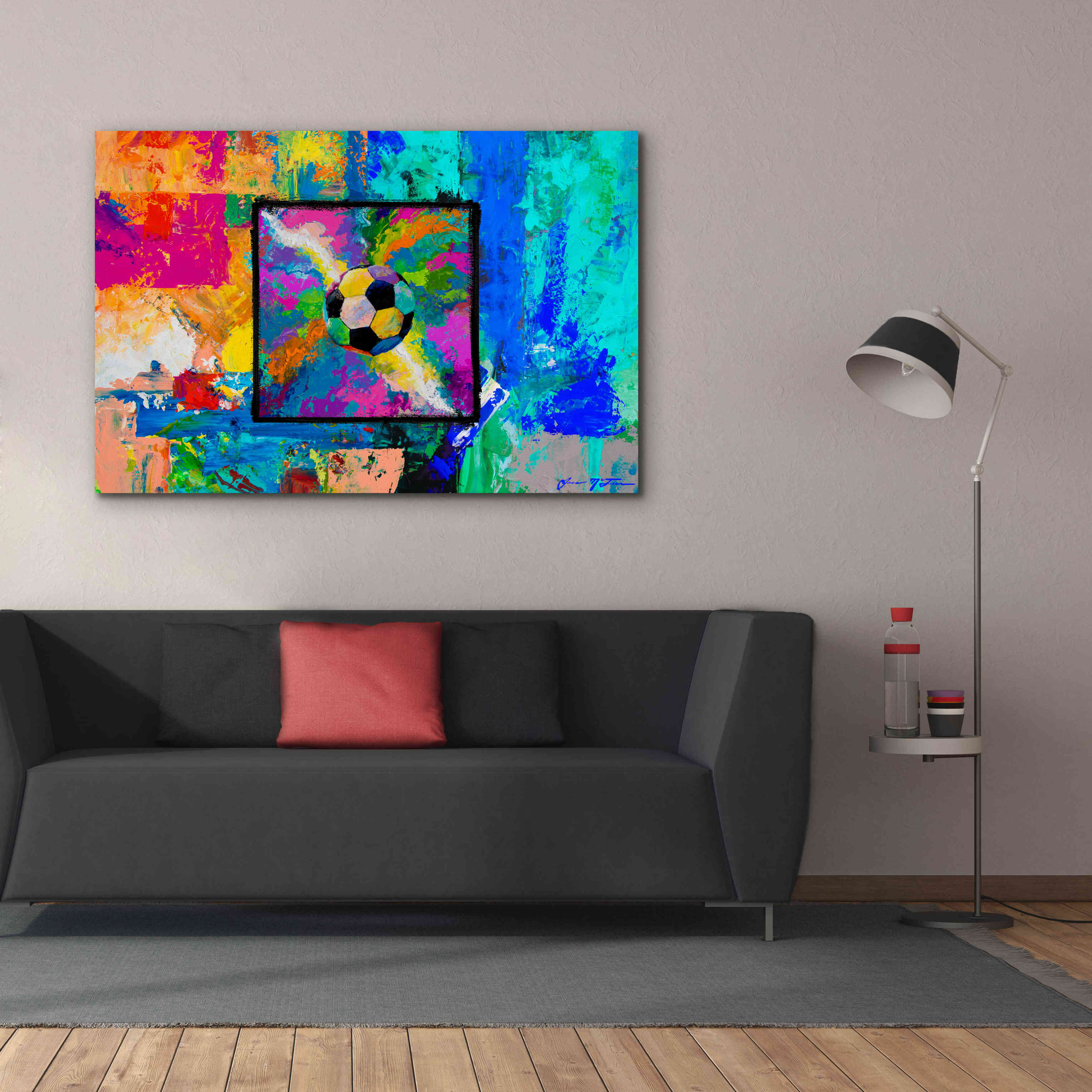 'Window into the Soccer Universe Pink and Cyan' by Jace D McTier, Giclee Canvas Wall Art,60 x 40