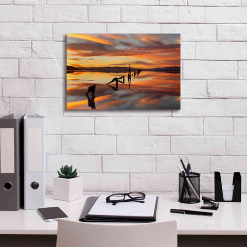 Image of 'Great Salt Lake Pilings Sunset' by Mike Jones, Giclee Canvas Wall Art,18 x 12