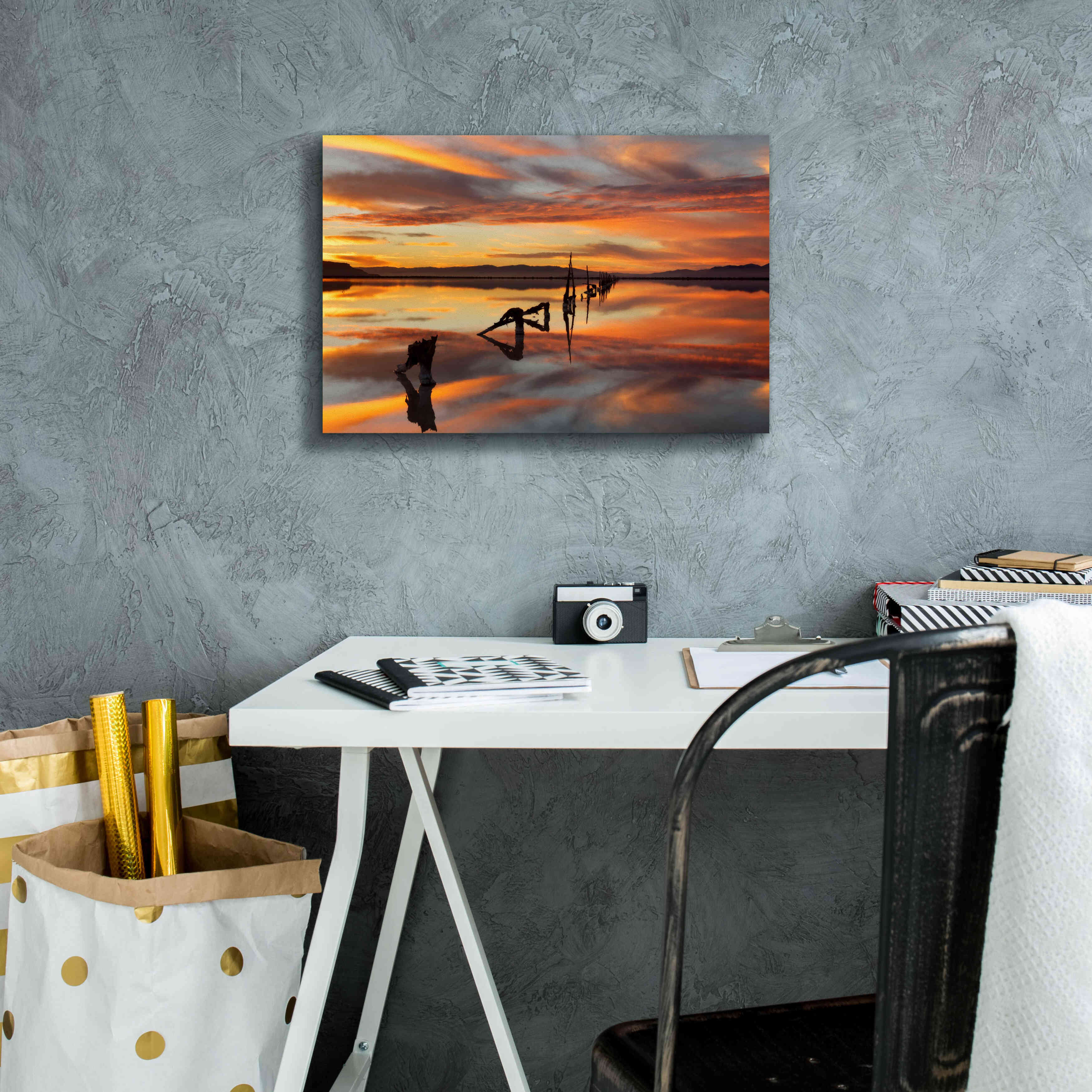 'Great Salt Lake Pilings Sunset' by Mike Jones, Giclee Canvas Wall Art,18 x 12