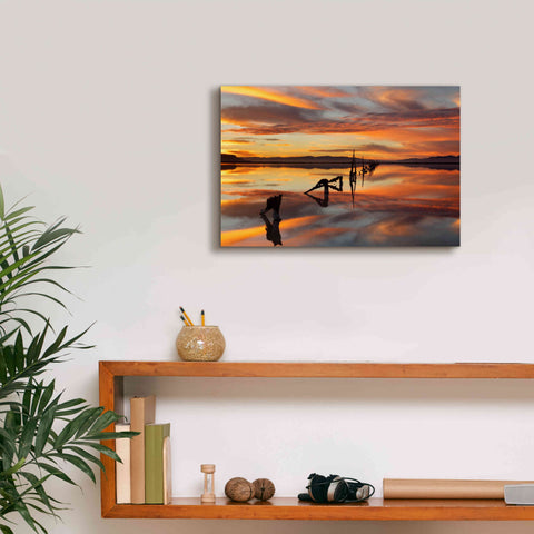 Image of 'Great Salt Lake Pilings Sunset' by Mike Jones, Giclee Canvas Wall Art,18 x 12