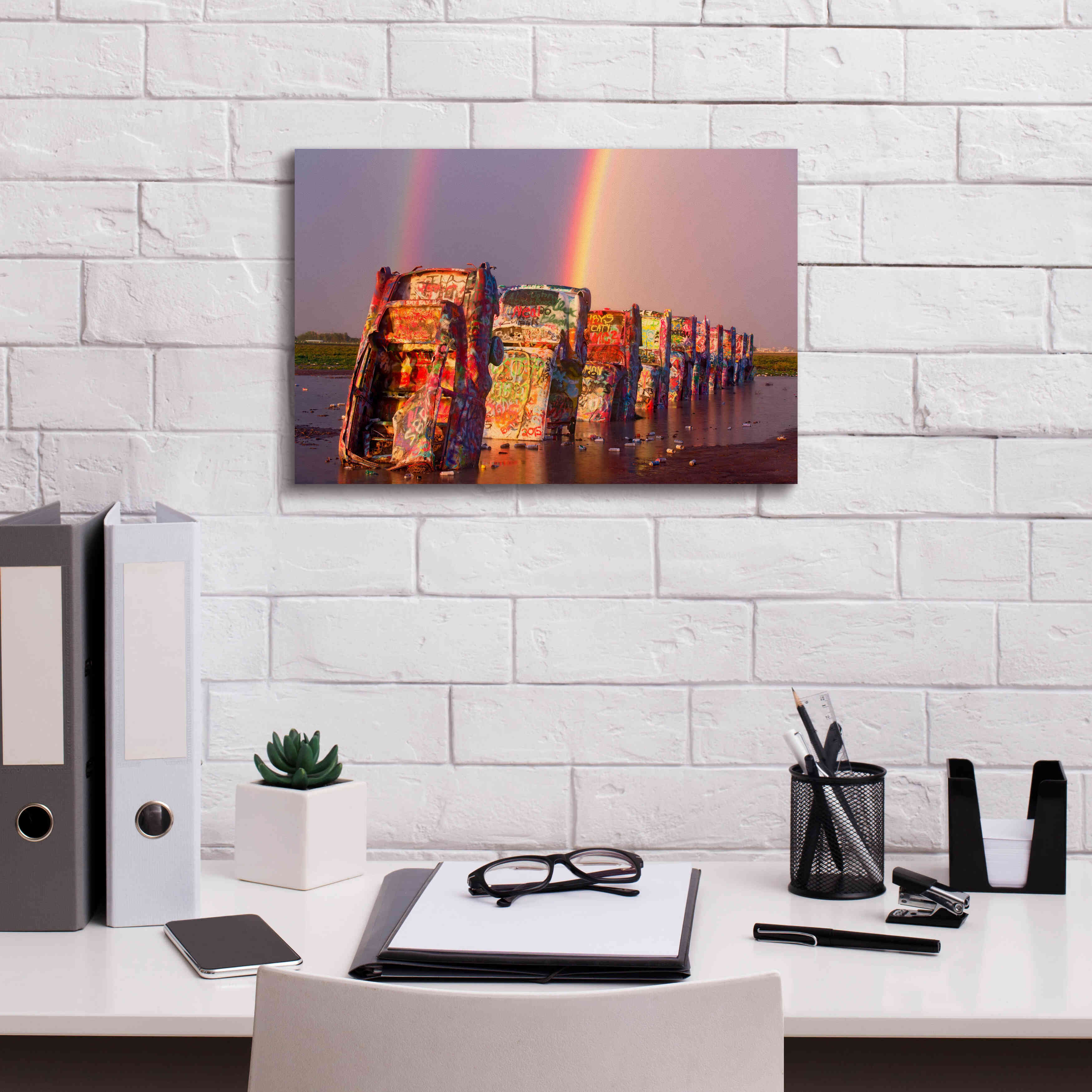'Cadillac Ranch Rainbow' by Mike Jones, Giclee Canvas Wall Art,18 x 12