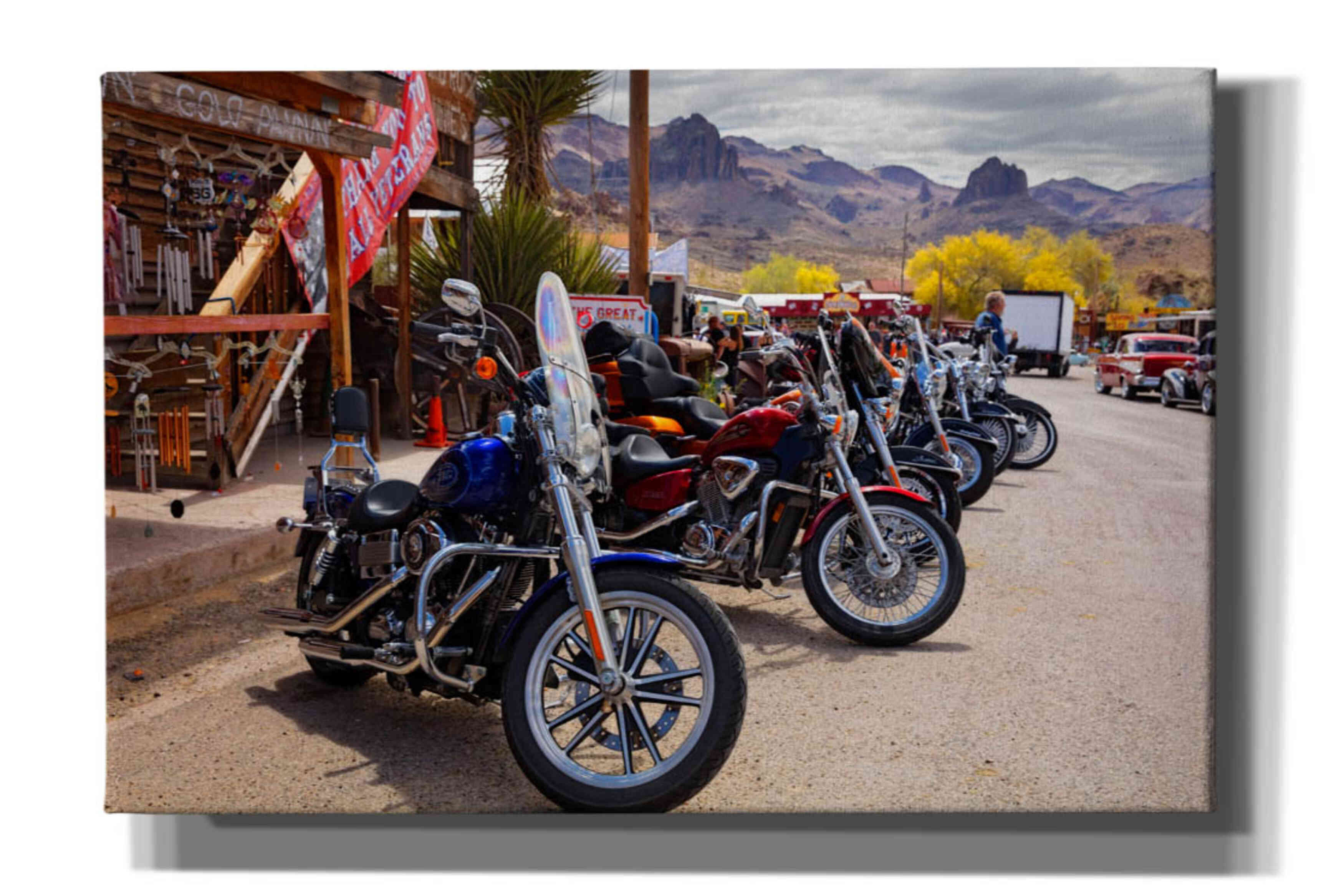 'Route 66 Fun Run Oatman Motorcycles' by Mike Jones, Giclee Canvas Wall Art