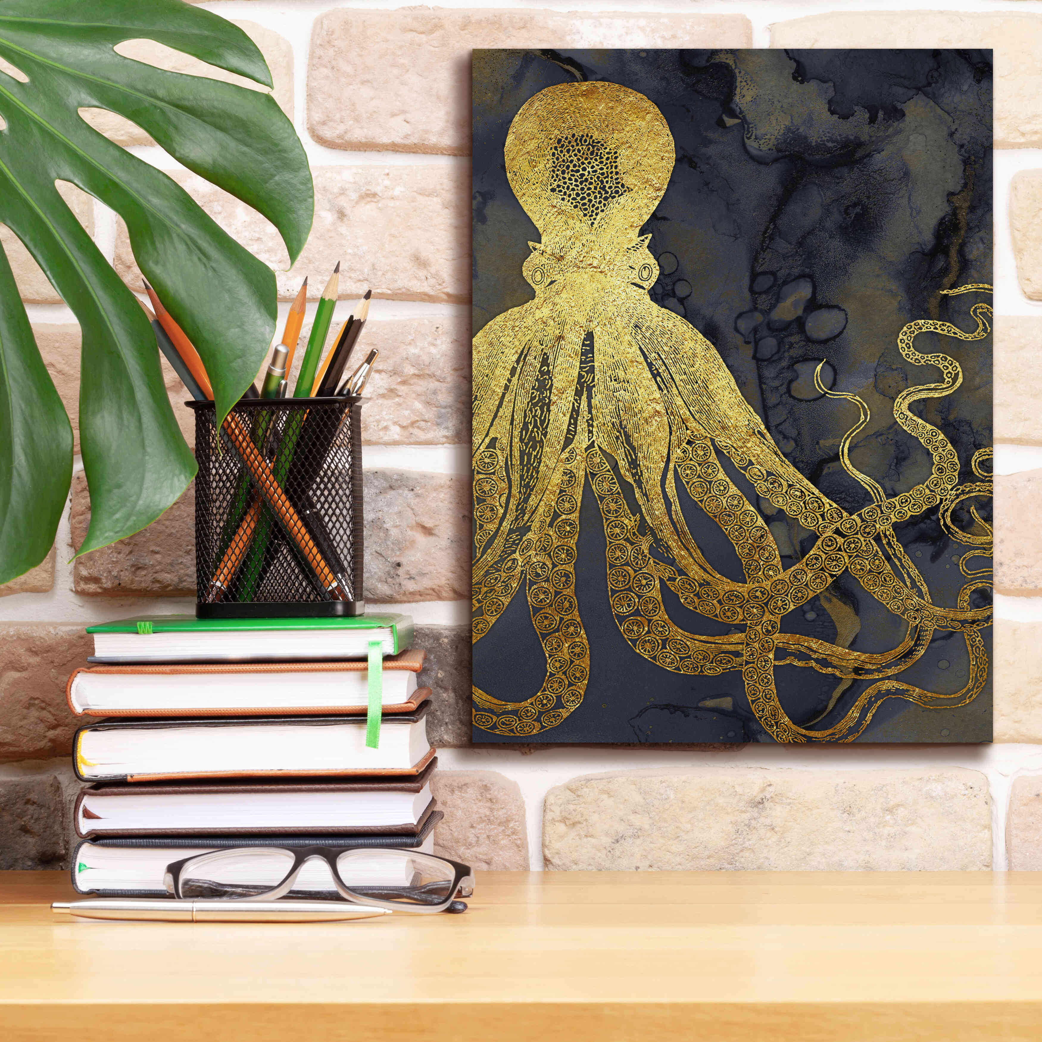 'Octopus Ink Gold & Blue I' by Christine Zalewski, Giclee Canvas Wall Art,12x16