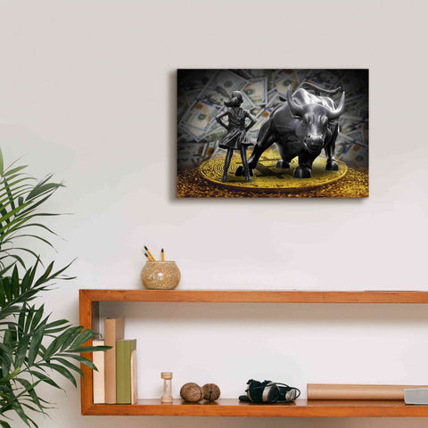 Image of 'Fearless Girl and Charging Bull on Bitcoin,' Canvas Wall Art,18x12