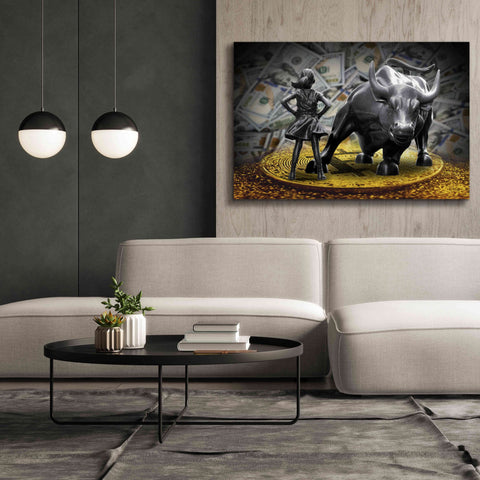 Image of 'Fearless Girl and Charging Bull on Bitcoin,' Canvas Wall Art,60x40