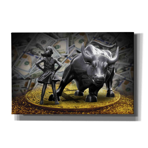 Image of 'Fearless Girl and Charging Bull on Bitcoin,' Canvas Wall Art
