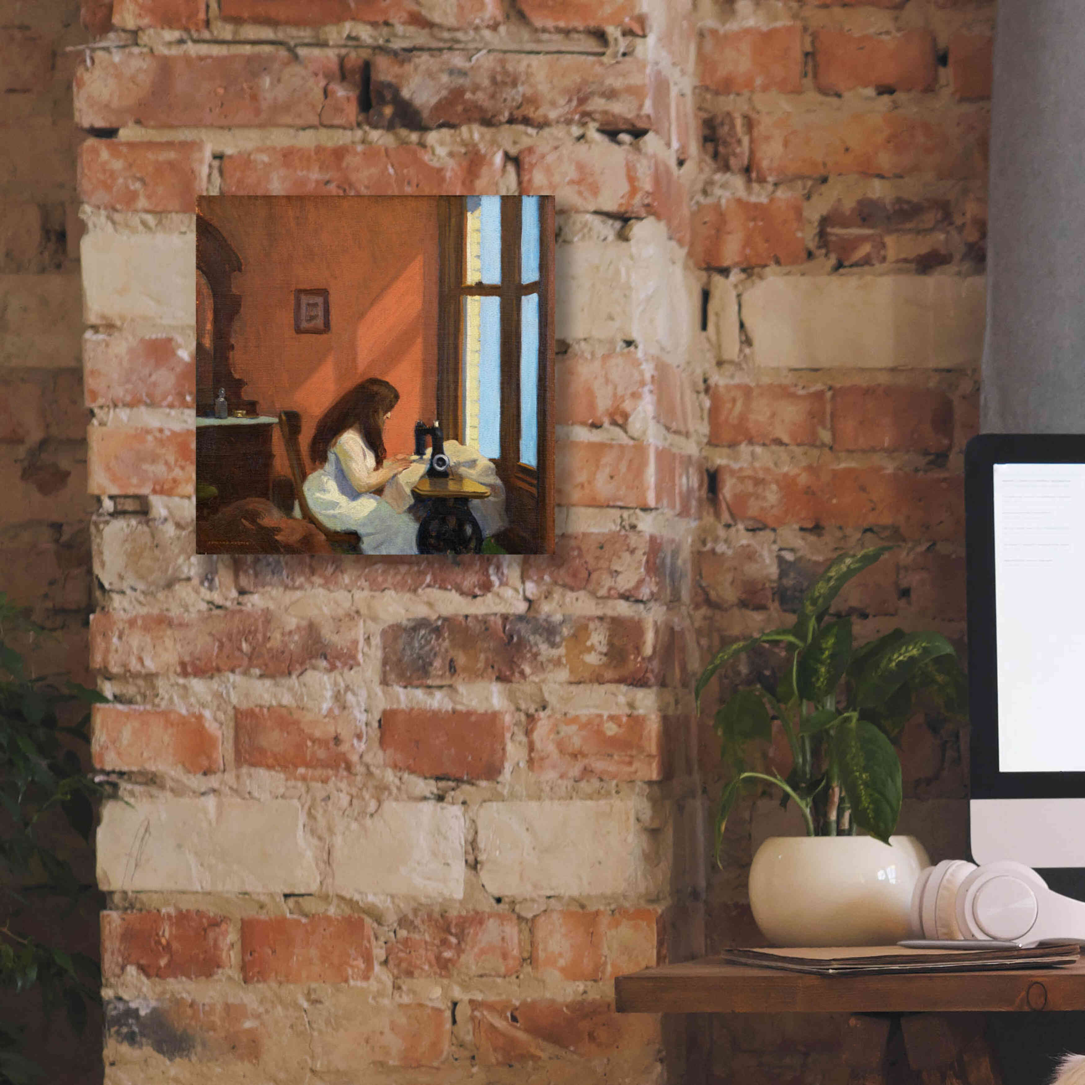 'Girl At Sewing Maching, 1921' by Edward Hopper, Giclee Canvas Wall Art,12x12