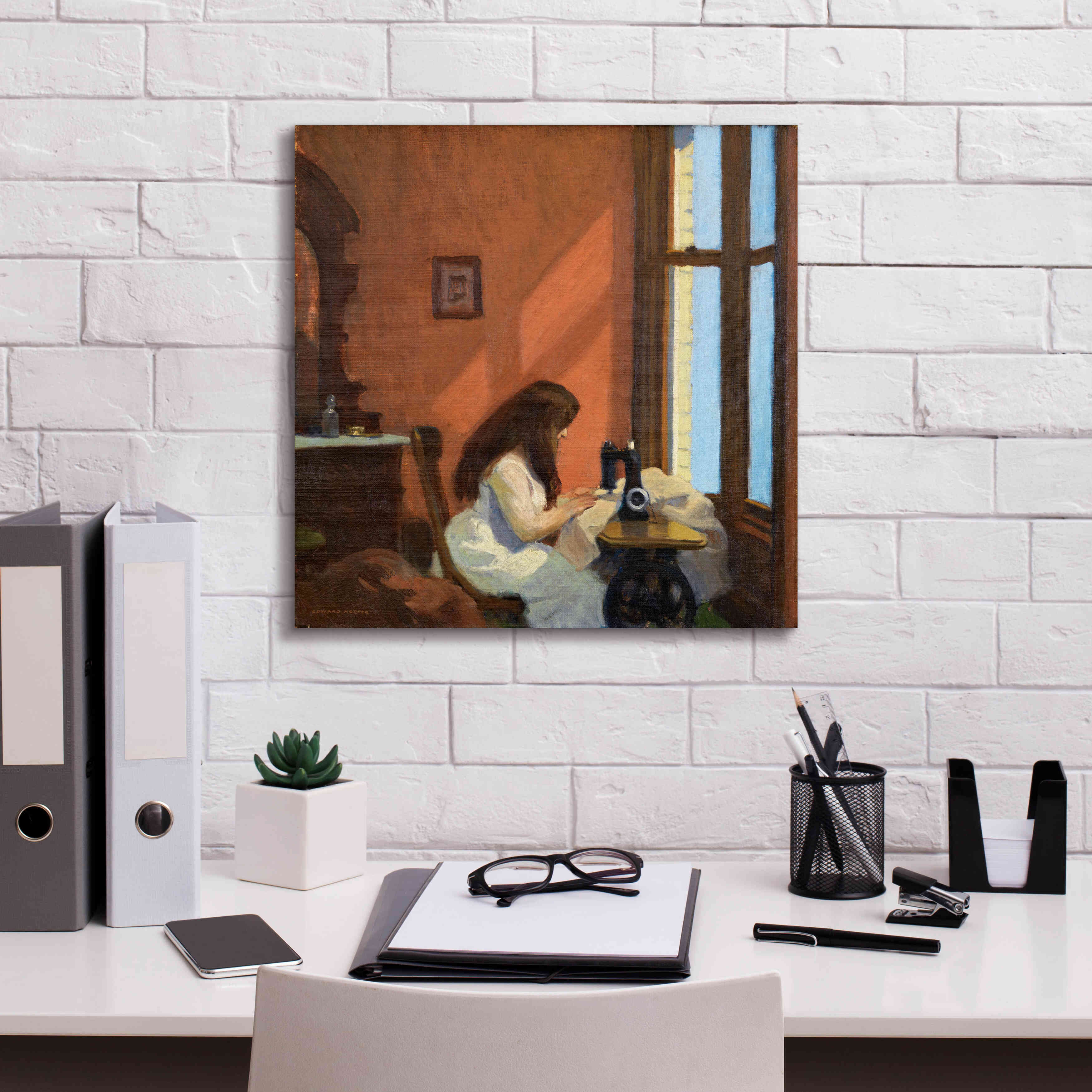 'Girl At Sewing Maching, 1921' by Edward Hopper, Giclee Canvas Wall Art,18x18
