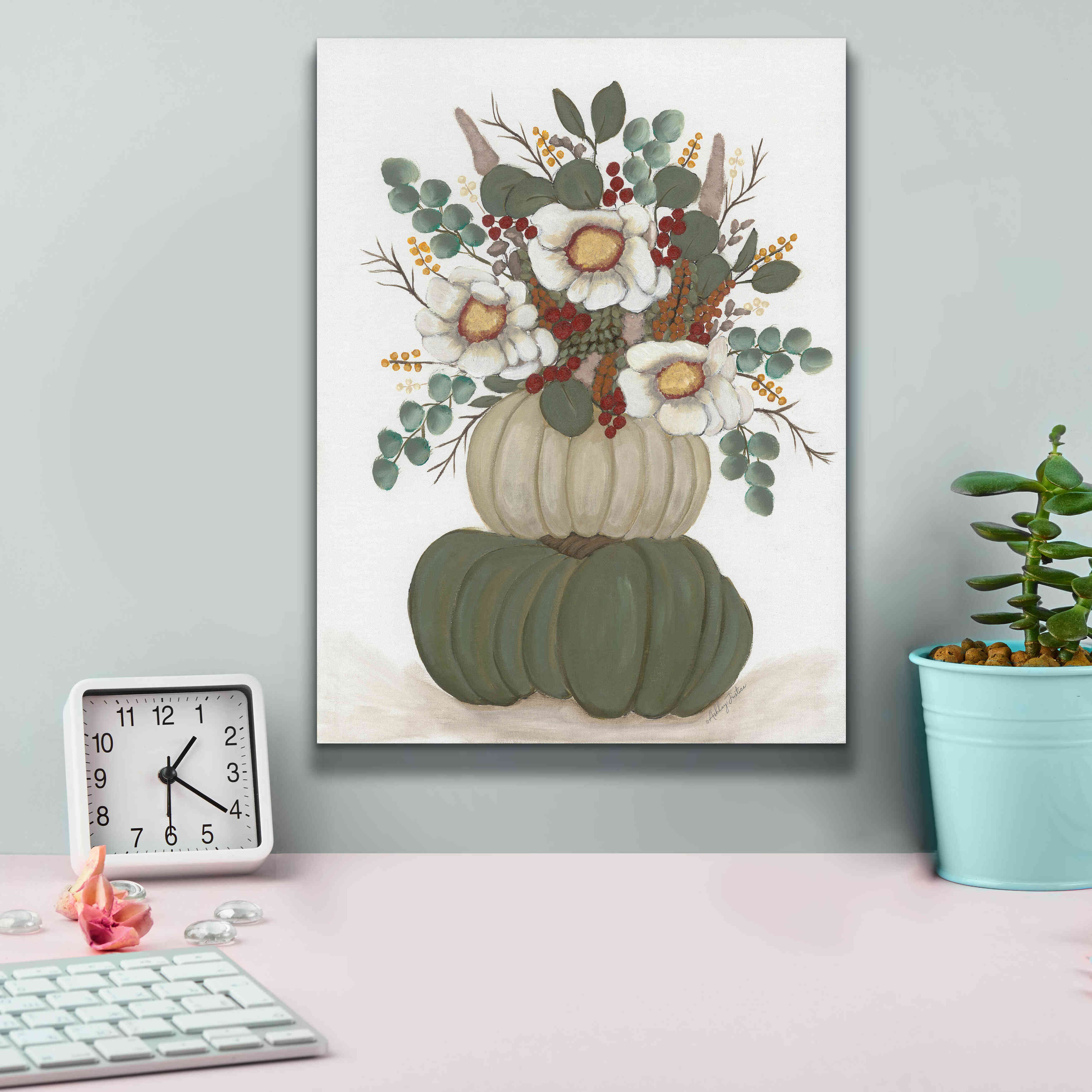 'Floral Pumpkin Stack' by Ashley Justice, Giclee Canvas Wall Art,12x16