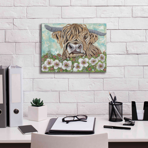 Image of 'Floral Highland Cow' by Ashley Justice, Giclee Canvas Wall Art,16x12