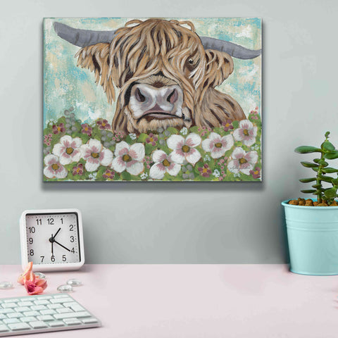 Image of 'Floral Highland Cow' by Ashley Justice, Giclee Canvas Wall Art,16x12