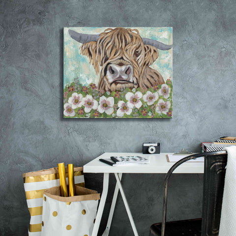 Image of 'Floral Highland Cow' by Ashley Justice, Giclee Canvas Wall Art,24x20