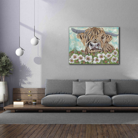 Image of 'Floral Highland Cow' by Ashley Justice, Giclee Canvas Wall Art,54x40