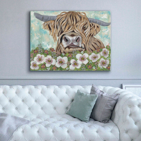 Image of 'Floral Highland Cow' by Ashley Justice, Giclee Canvas Wall Art,54x40