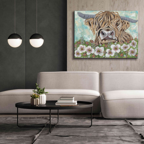 Image of 'Floral Highland Cow' by Ashley Justice, Giclee Canvas Wall Art,54x40