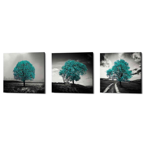 Image of 'Vibrant Tree Series: Cyan Triptych (Set of 3)' Canvas Wall Art