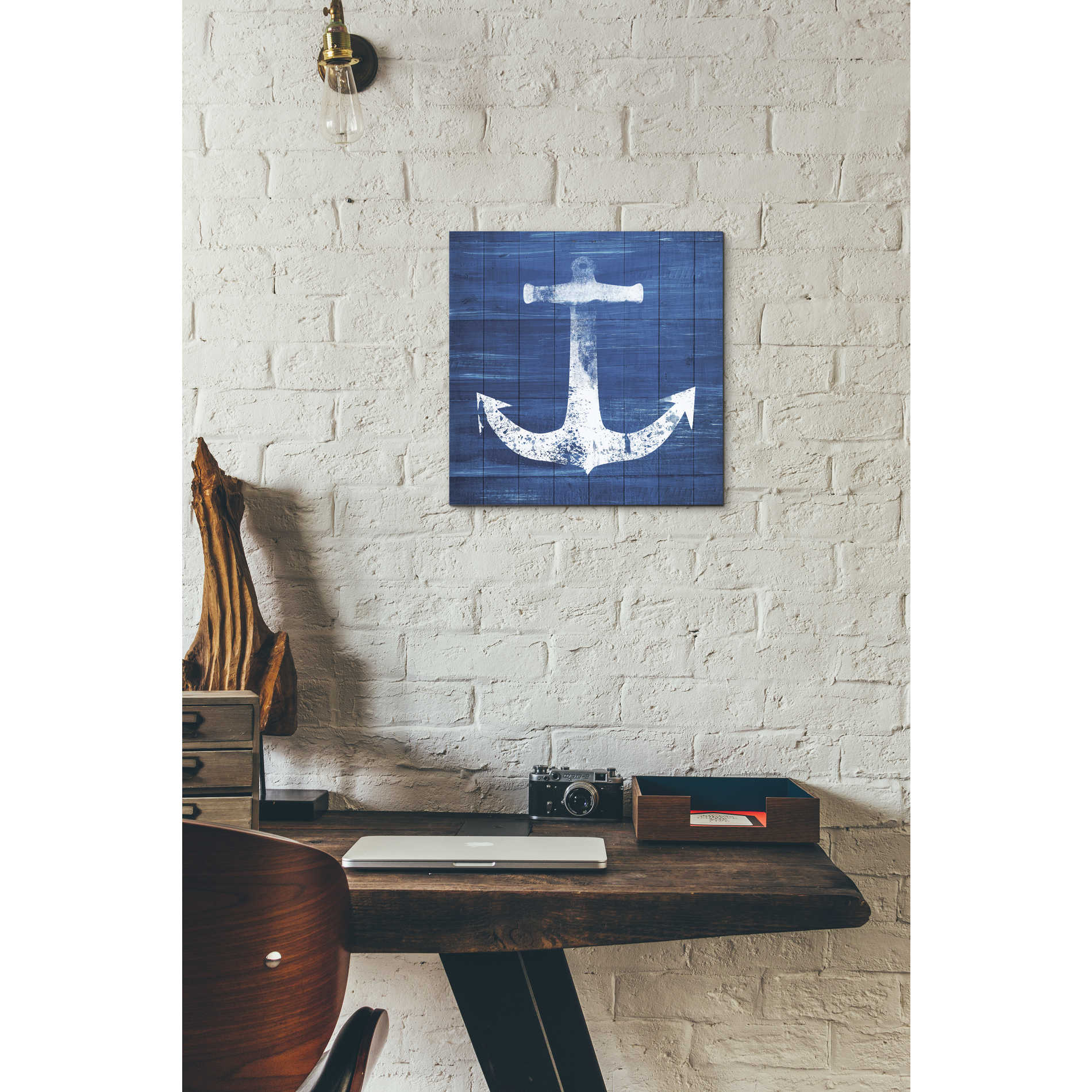 'Blue and White Anchor' by Linda Woods, Canvas Wall Art,12 x 12