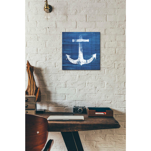Image of 'Blue and White Anchor' by Linda Woods, Canvas Wall Art,12 x 12