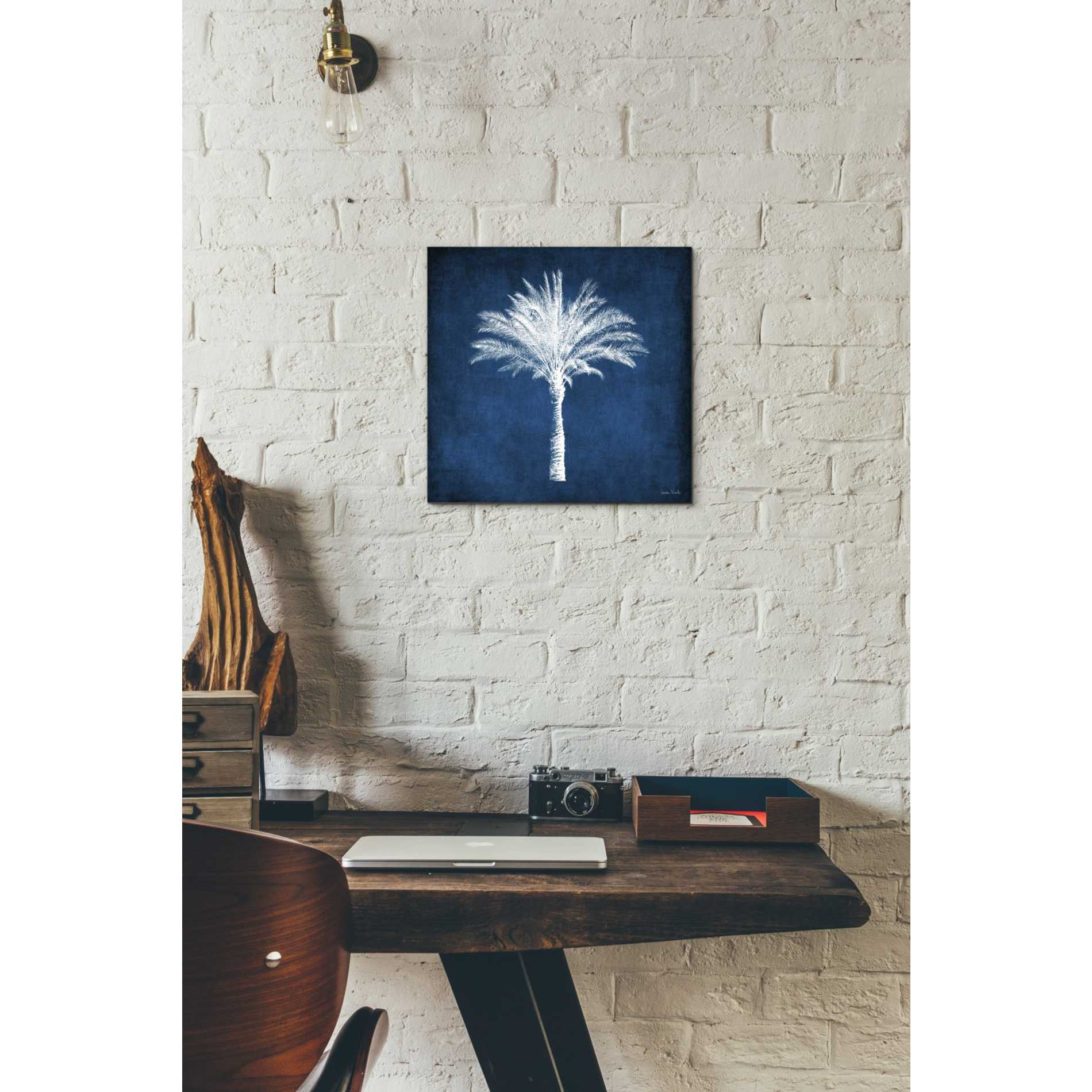 'Single Indigo And White Palm Tree' by Linda Woods, Canvas Wall Art,12 x 12