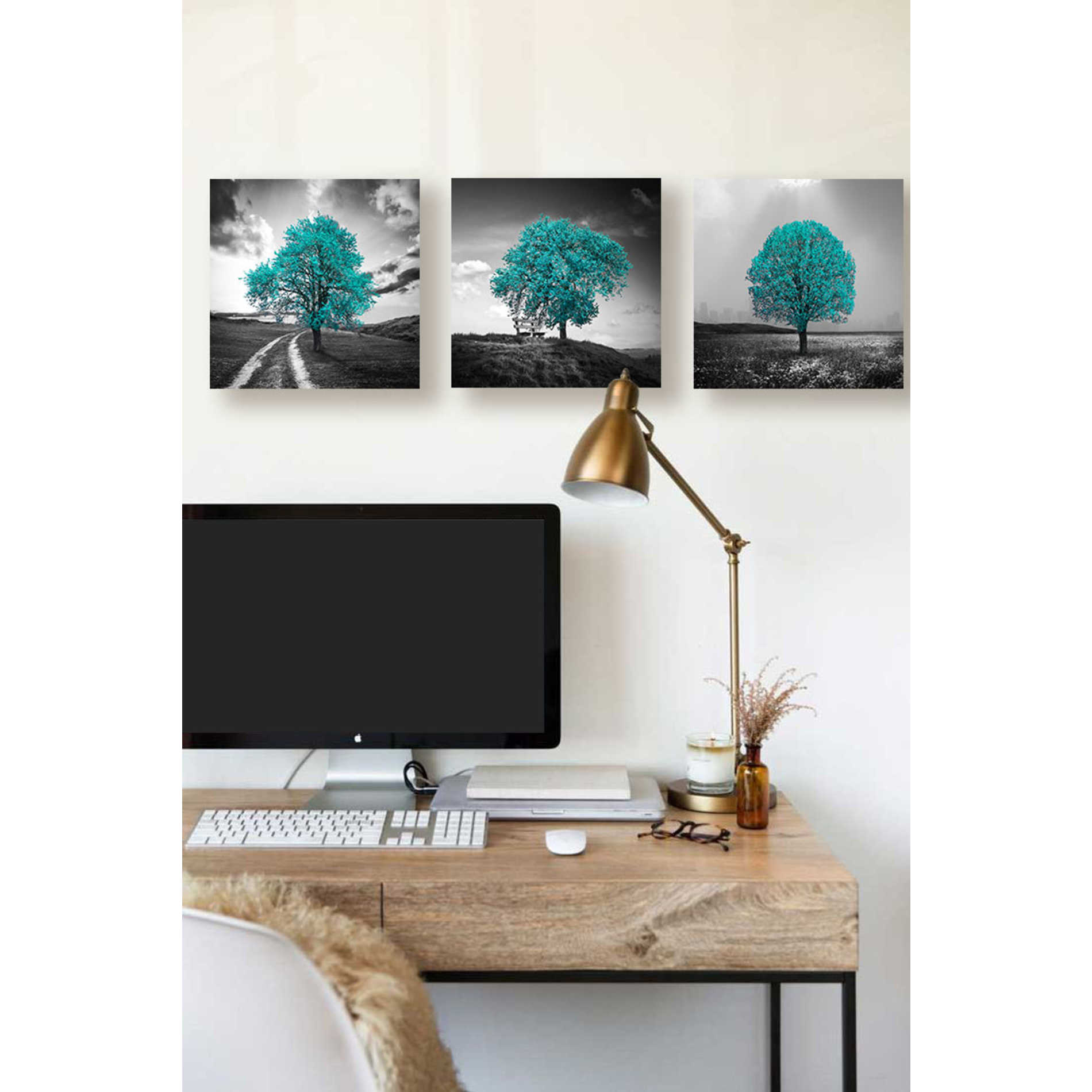 'Vibrant Tree Series: Cyan Triptych (Set of 3)' Canvas Wall Art,36 x 12