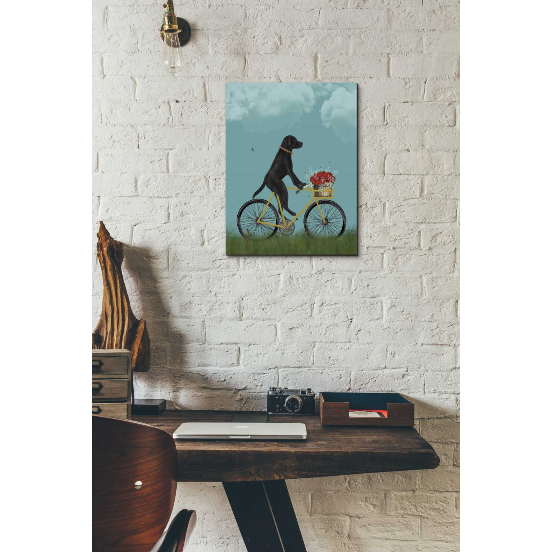 'Black Labrador on Bicycle - Sky' by Fab Funky Giclee Canvas Wall Art