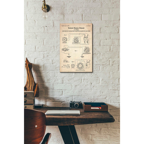 Image of 'Operating Tesla Motor Blueprint Patent Parchment' Canvas Wall Art,18 x 12