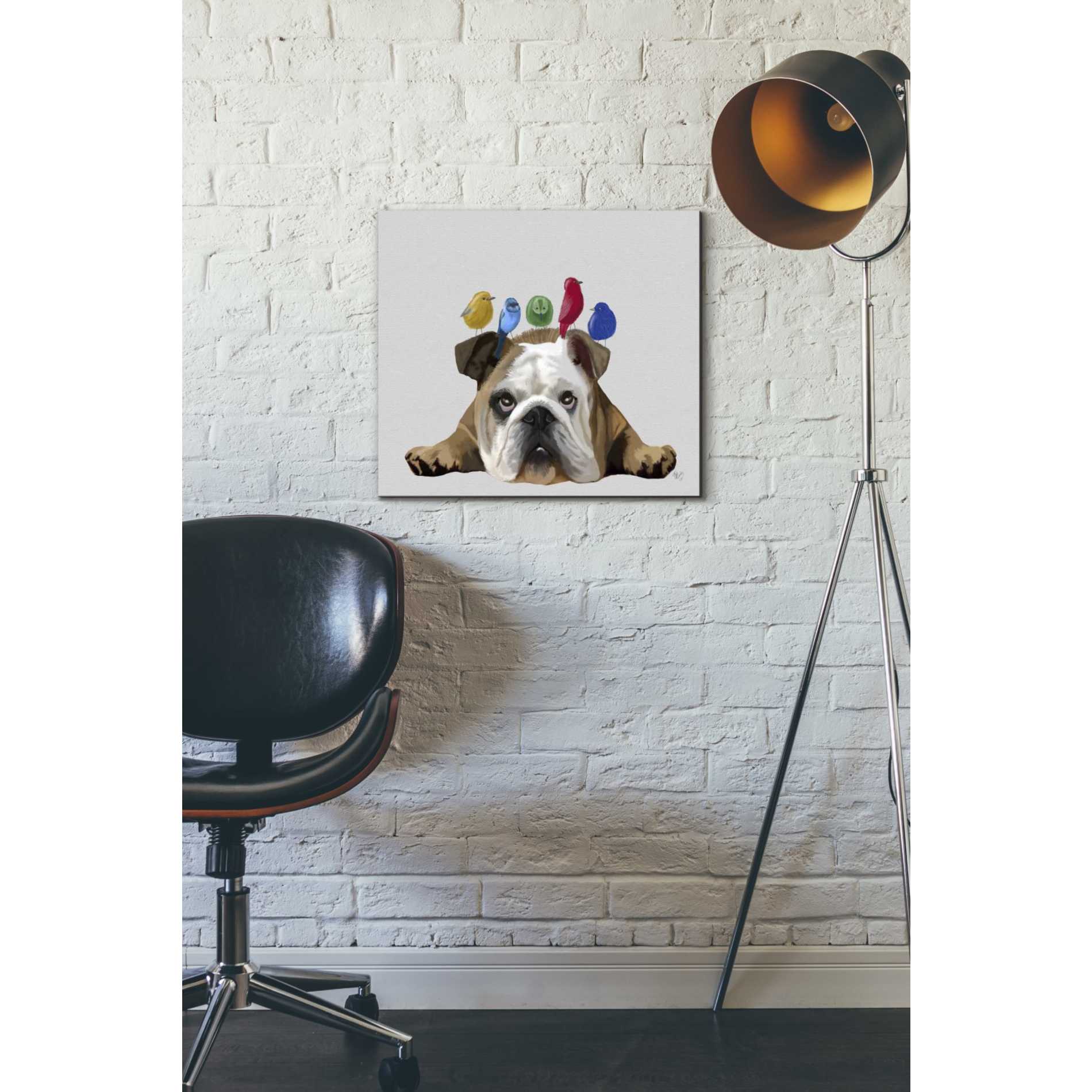 'English Bulldog and Birds' by Fab Funky Giclee Canvas Wall Art