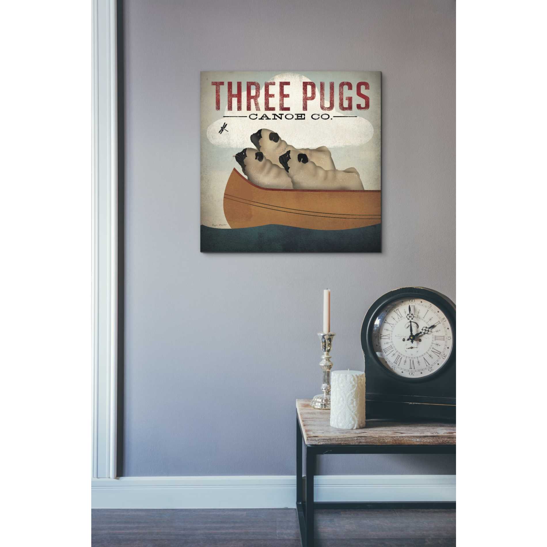 'Three Pugs in a Canoe v' by Ryan Fowler, Canvas Wall Art,18 x 18