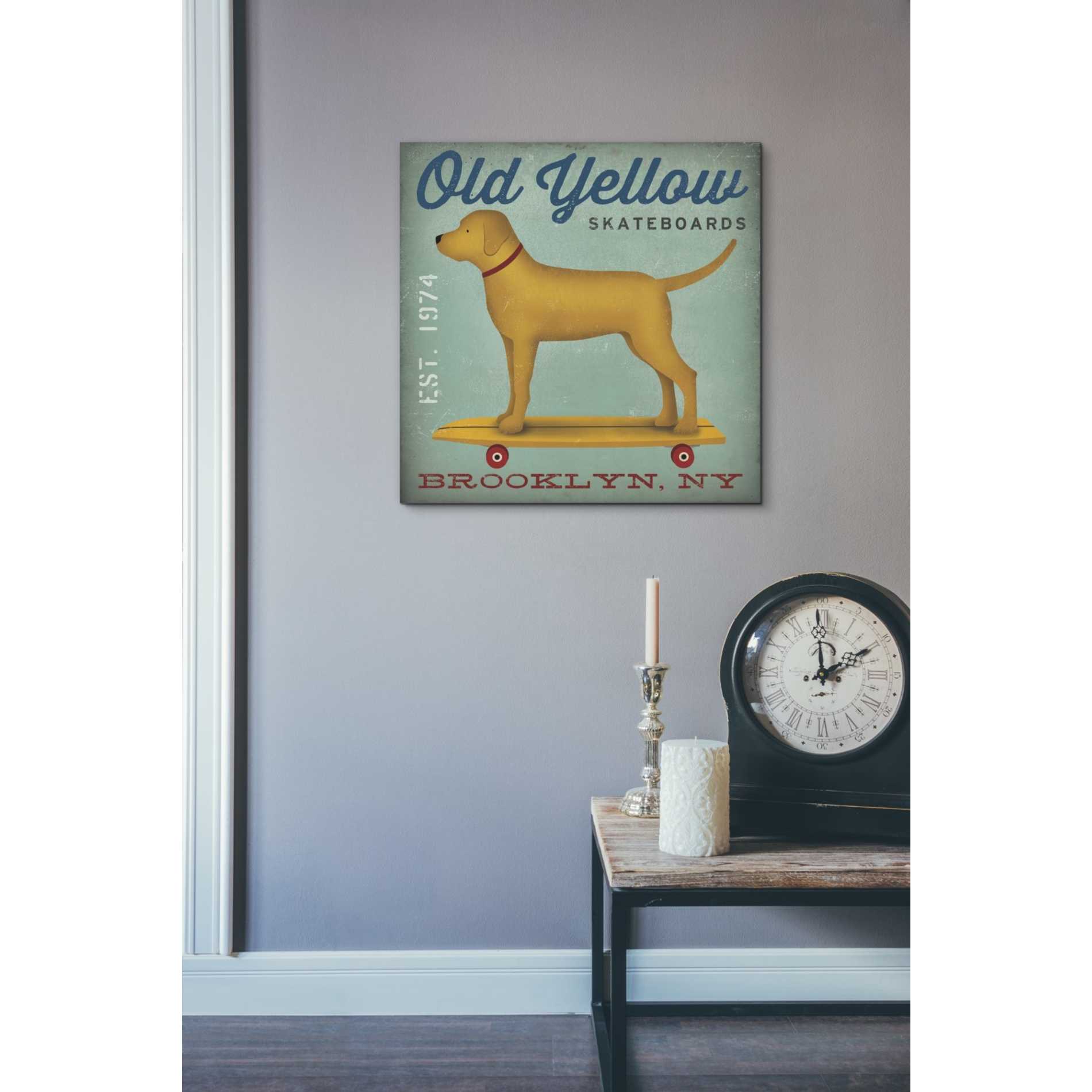 'Golden Dog on Skateboard' by Ryan Fowler, Canvas Wall Art,18 x 18