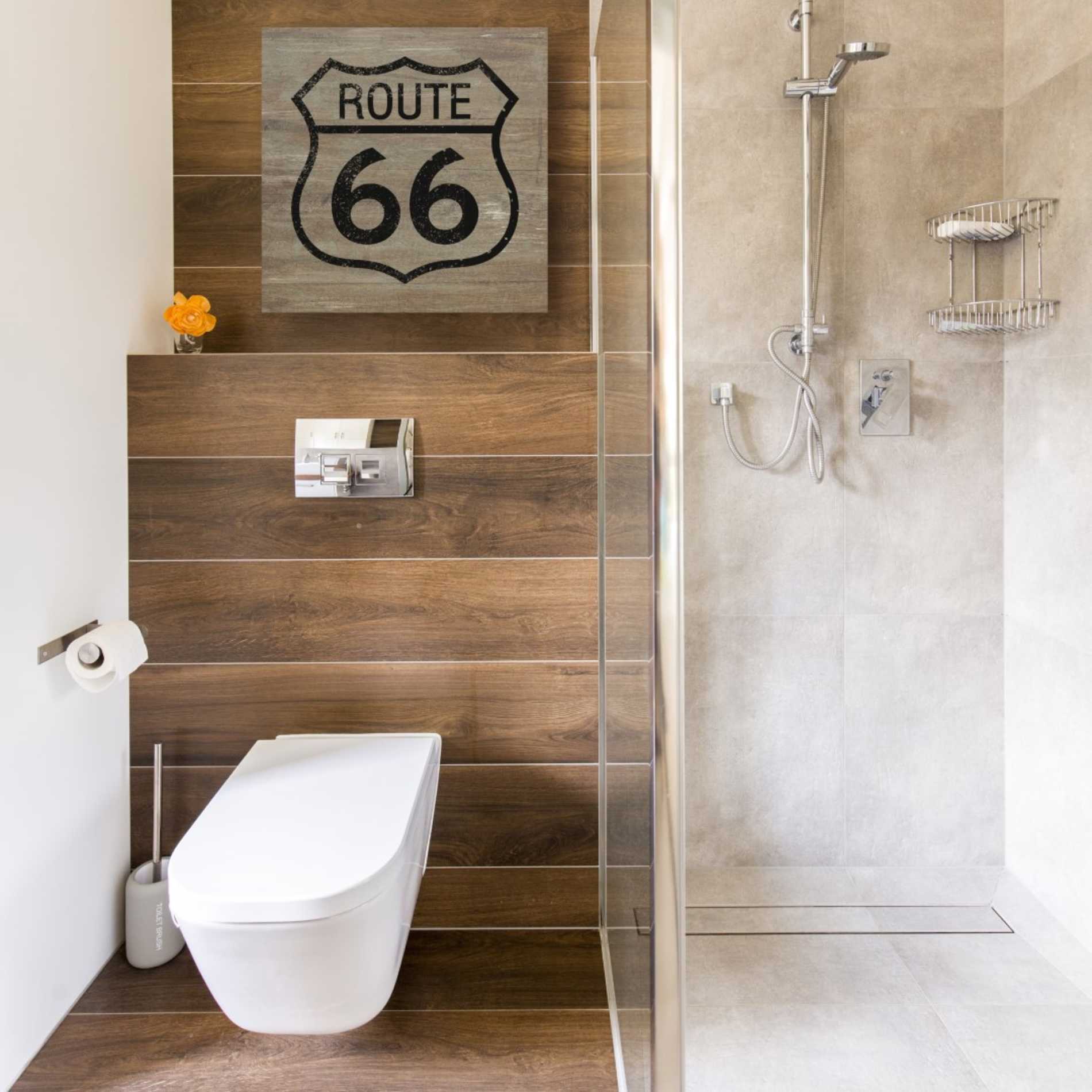 'Route 66 Black On Wood' by Linda Woods, Canvas Wall Art,18 x 18