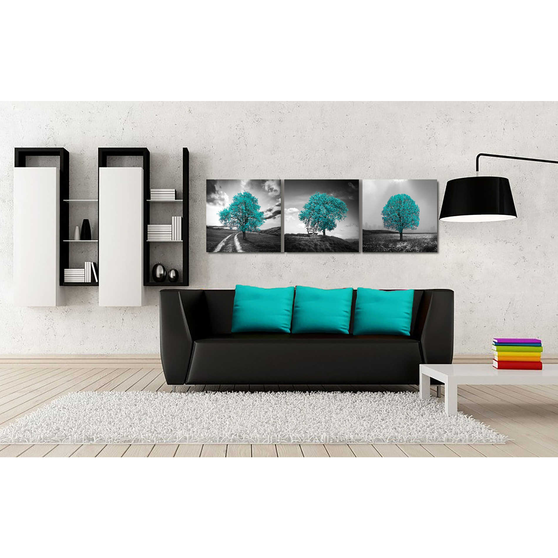 'Vibrant Tree Series: Cyan Triptych (Set of 3)' Canvas Wall Art,54 x 18