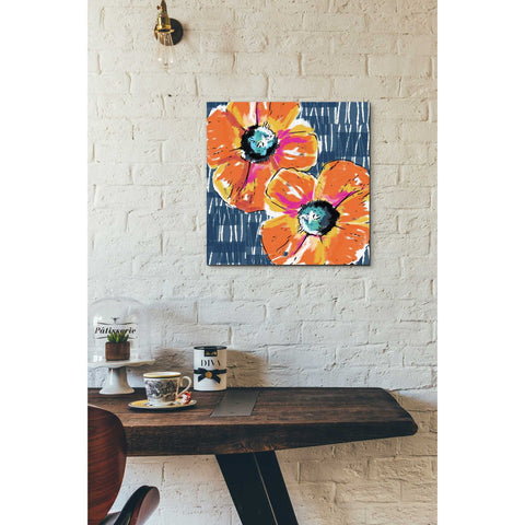 Image of 'Orange Poppies on Blue' by Linda Woods, Canvas Wall Art,18 x 18