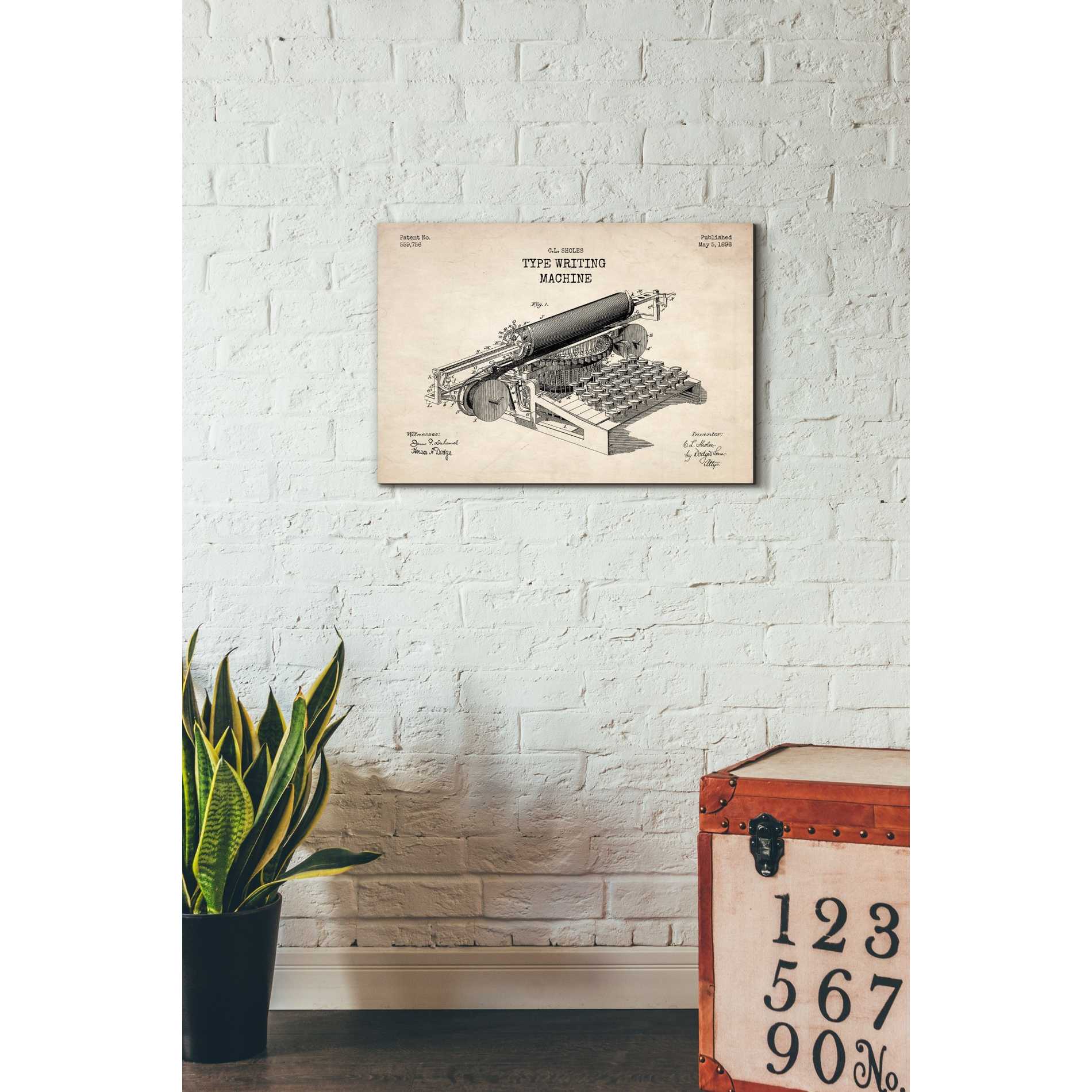 'Type Writing Machine Blueprint Patent Parchment' Canvas Wall Art,18 x 26