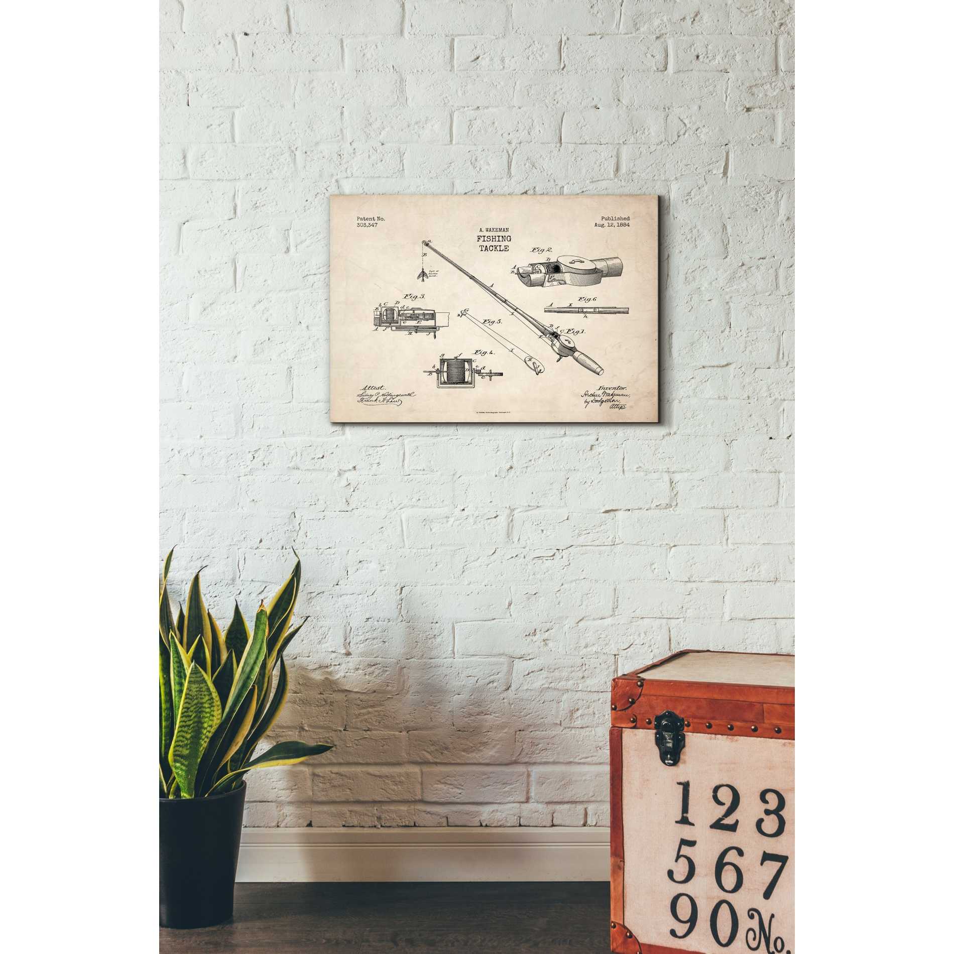 'Fishing Tackle Blueprint Patent Parchment' Canvas Wall Art,18 x 26