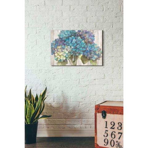 Image of 'Turquoise Hydrangea on Barn Board' by Albena Hristova, Canvas Wall Art,26 x 18
