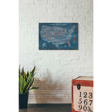 Image of 'US City Map on Wood Blue' by Michael Mullan, Canvas Wall Art,26 x 18