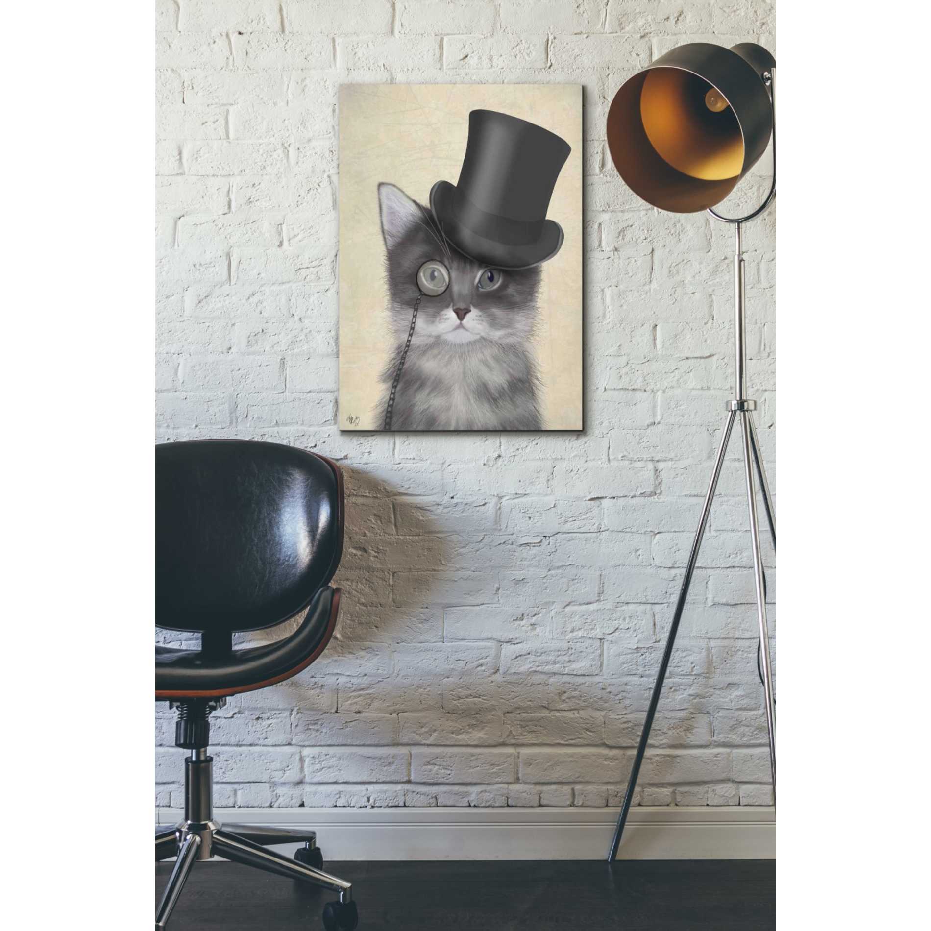 'Cat, Grey with Top Hat' by Fab Funky Giclee Canvas Wall Art