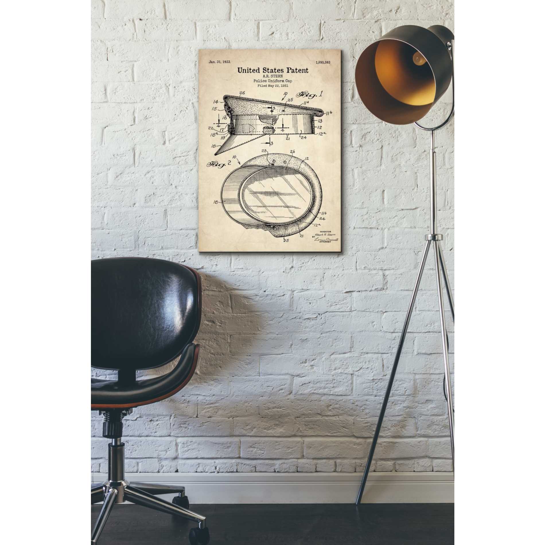 'Police Uniform Cap Blueprint Patent Parchment' Canvas Wall Art,18 x 26