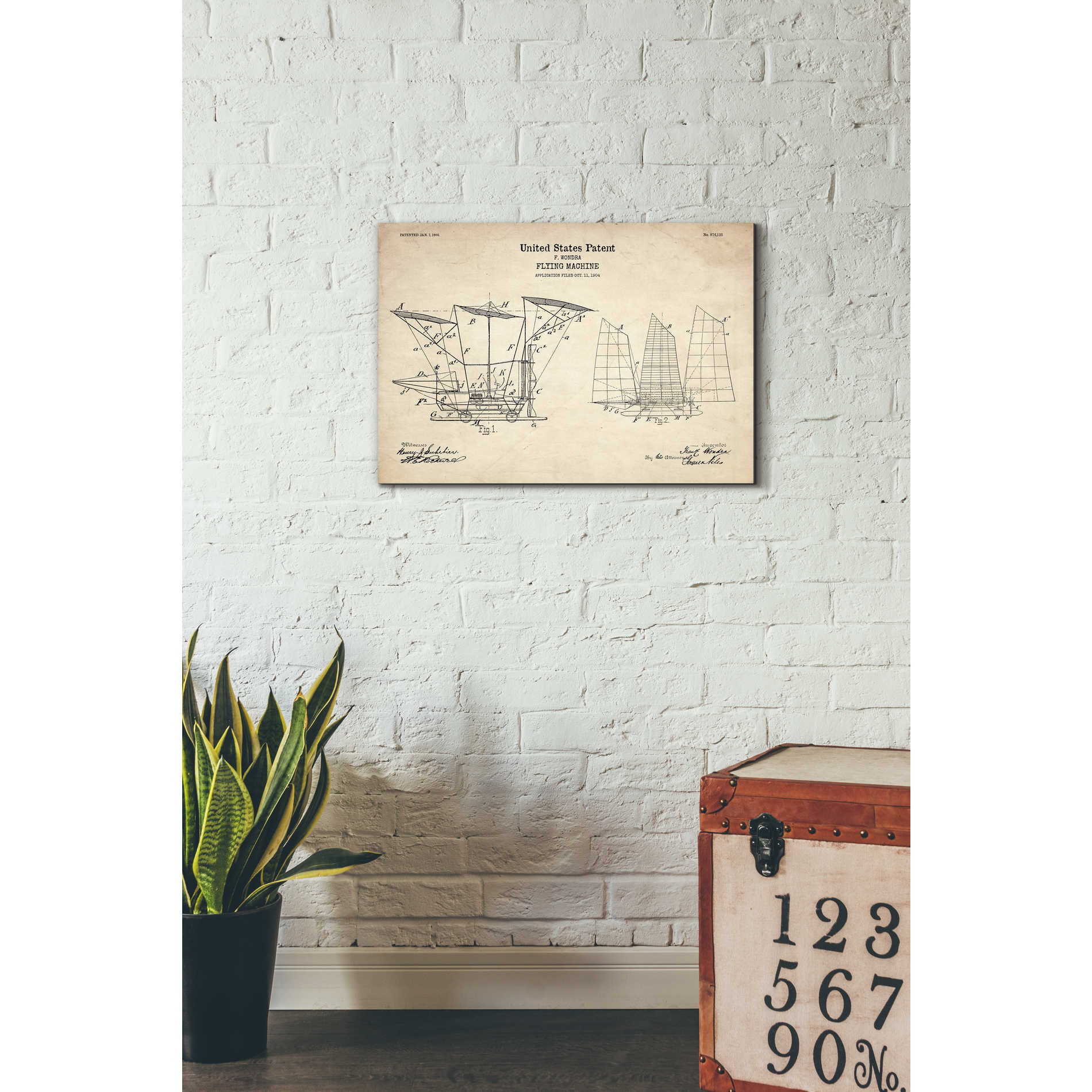 'Flying Machine, 1904 Blueprint Patent Parchment' Canvas Wall Art,26 x 18
