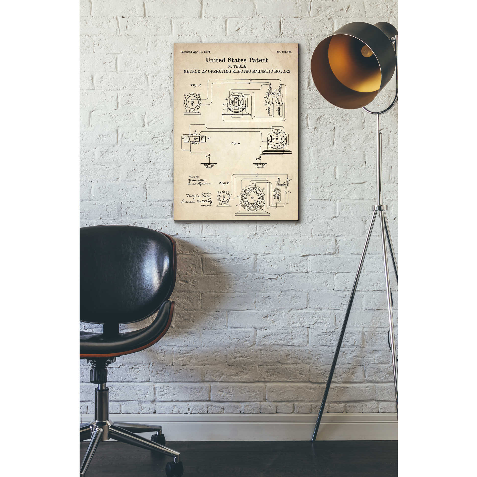 'Operating Tesla Motor Blueprint Patent Parchment' Canvas Wall Art,26 x 18