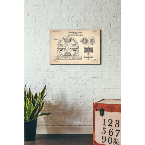 Image of 'Tesla Electro Magnetic Motor Blueprint Patent Parchment' Canvas Wall Art,26 x 18